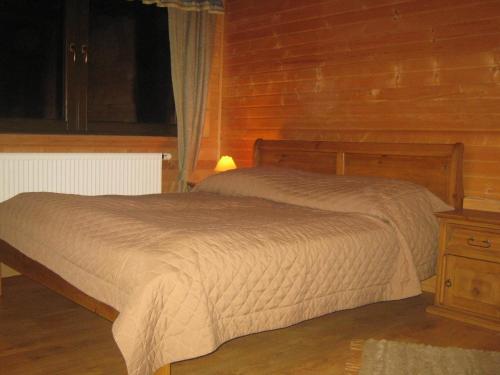 ツァルナ・グラにあるSłoneczny Apartamentの木製の壁のベッドルーム1室(ベッド1台付)