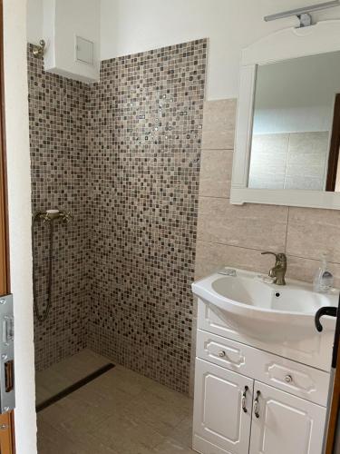 a bathroom with a sink and a shower at Casa Piscul Verde Vladeni in Vlădeni