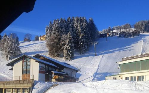 a snow covered slope with a building and trees at Panorama Hak - CharmingStay in Flumserberg