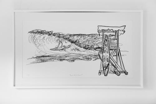 a black and white drawing of a wave at Casa Castillo in Mexico City