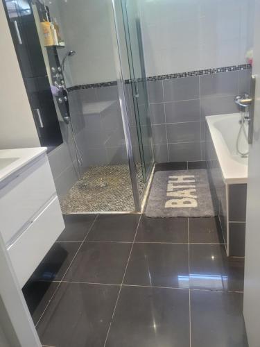 ein Badezimmer mit Dusche und Waschbecken in der Unterkunft chambre chez hôte in Sainte-Eulalie