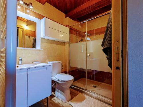 ein Bad mit einem WC, einem Waschbecken und einer Dusche in der Unterkunft Le Logis Fleuri 