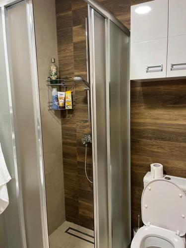 a bathroom with a toilet and a shower stall at NASTIĆ Apartmani in Kragujevac