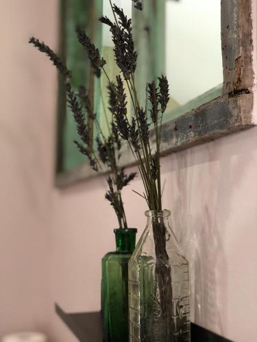 a green vase with flowers in it on a table at The Cat and The Owl B&B in Groenlo