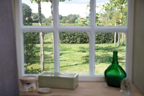 a window with a green bottle sitting on a table at The Cat and The Owl B&B in Groenlo
