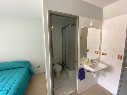 ein Bad mit einem Waschbecken, einem WC und einer Dusche in der Unterkunft Hostel Cienfuegos in Santiago