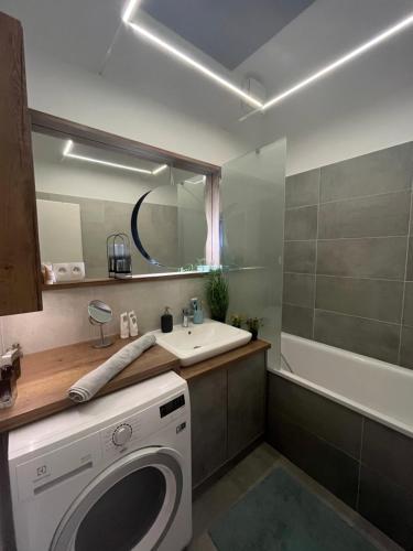 a bathroom with a washing machine and a sink at Cozy apartment in Bratislava