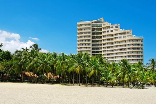 サンタ・マルタにあるHotel Irotama del Solの浜辺のヤシの木が立ち並ぶ高層ビル