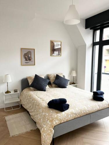um quarto branco com uma cama grande e almofadas azuis em Cocon d'Alsace em Colmar