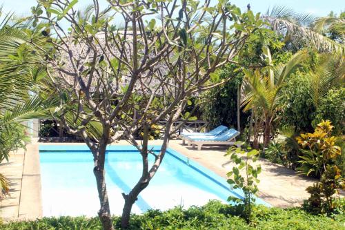 a swimming pool with a palm tree next to a resort at Manasha Watamu in Watamu