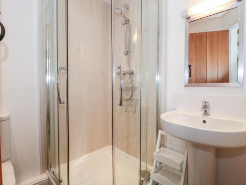 W łazience znajduje się prysznic i umywalka. w obiekcie Ash Tree Cottage w mieście Cowbridge
