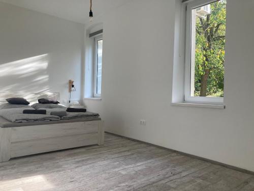 a white bedroom with a bed and two windows at Mezriczky Malom Kapolcs in Kapolcs