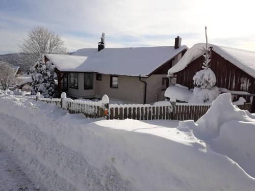 a house covered in snow next to a fence at NeighbourWood - Waldesruh in Philippsreut