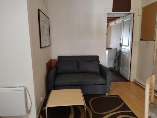 un salon avec un canapé et une table dans l'établissement Maisonnette avec piscine près de la gare Part Dieu, à Villeurbanne