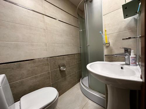 a bathroom with a toilet and a sink at Terrace Tbilisi Center in Tbilisi City