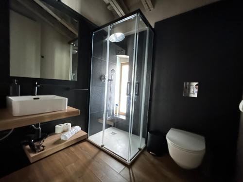 ein Bad mit einer Dusche, einem Waschbecken und einem WC in der Unterkunft Apartment Plaza de la Merced in Valencia