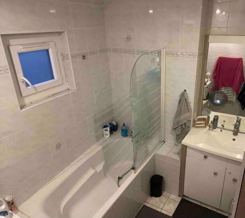 ein Badezimmer mit Dusche, Badewanne und Waschbecken in der Unterkunft Vue panoramique sur Paris - Accès Disneyland in Fontenay-sous-Bois