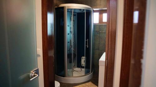 La salle de bains est pourvue d'une douche et d'une porte en verre. dans l'établissement O Beiral da Anastácia, à Marco de Canavezes
