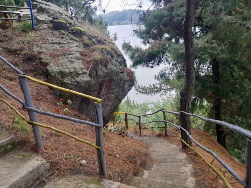 una escalera que conduce a una colina con vistas al lago en La cabaña de sol, en Aquitania
