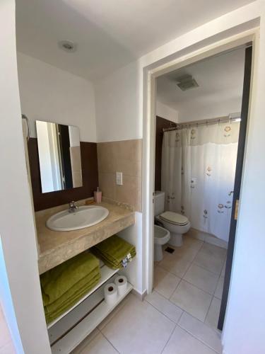 y baño con lavabo, aseo y espejo. en Alojamiento V&M Mendoza en Mendoza