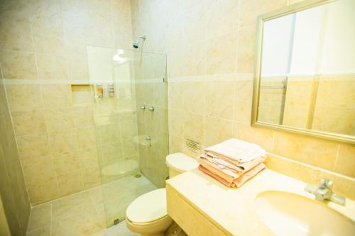 a bathroom with a shower and a sink and a toilet at Hotel Nacional Merida in Mérida