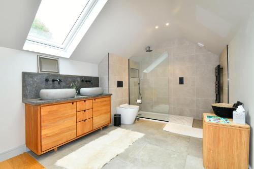 a bathroom with a shower and a sink and a toilet at Water Edge in Dittisham
