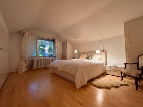 Un dormitorio con una cama grande y una ventana en Le Cottage en Vésenaz
