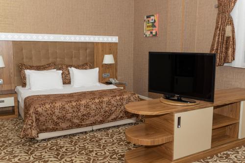 a hotel room with a bed and a flat screen tv at Graaf Hotel in Baku