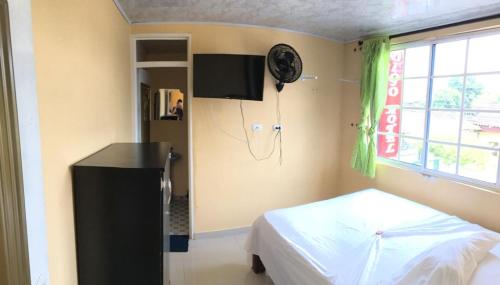 1 dormitorio con 1 cama y TV en la pared en Hotel Indigo en Cartago