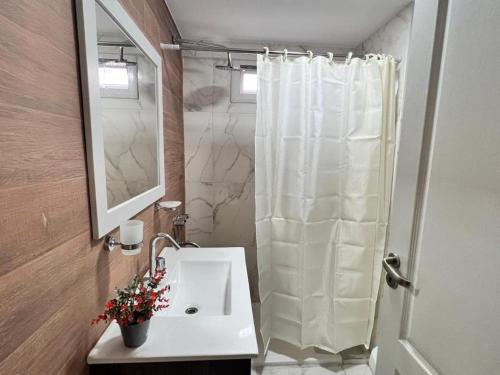 a bathroom with a white shower curtain and a sink at Departamento amplio con pileta y Parrilla barrio norte in San Miguel de Tucumán