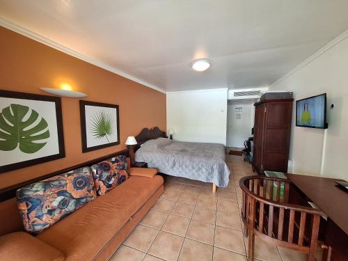 a living room with a couch and a bed at Le MaDja'Kaz - studio en résidence et bord de Mer - Sainte Luce Martinique in Sainte-Luce