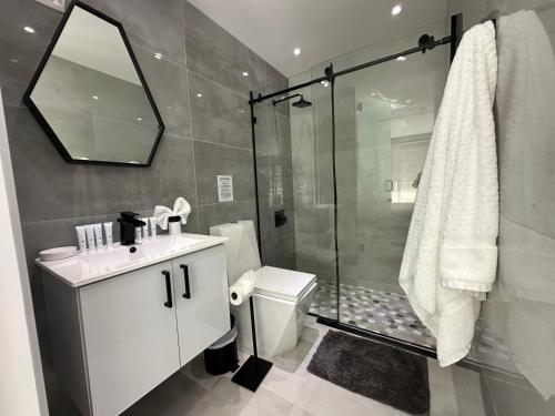 a bathroom with a shower and a toilet and a sink at Ocean Front Coral Luxury Apartment in San Juan