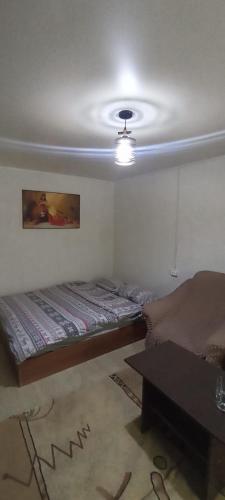 um quarto com uma cama e uma mesa em Космос em Bishkek