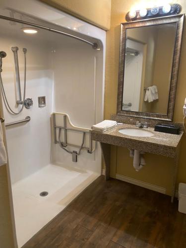 W łazience znajduje się prysznic, umywalka i lustro. w obiekcie Southern Inn & Suites RV Lots now available w mieście Yorktown
