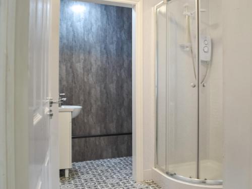 a bathroom with a shower and a sink at The Old Blue Shop in Milford Haven