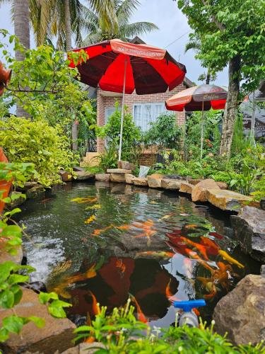 a koi pond with a red umbrella and goldfish at Dak Nguyen Homestay DakLak in Buon Ma Thuot