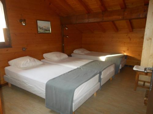 deux lits dans une chambre aux murs en bois dans l'établissement Spacieux chalet 10 pers, proche pistes, parking, garage - FR-1-467-65, au Grand-Bornand