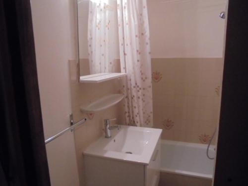 une salle de bain avec un lavabo, un miroir et une baignoire dans l'établissement Studio cosy au pied des pistes, 4 pers, Le Grand-Bornand Chinaillon, cuisine équipée - FR-1-467-117, au Grand-Bornand