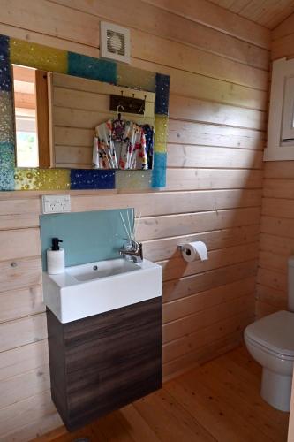a bathroom with a sink and a toilet at Avocate' Cottage in Whiritoa