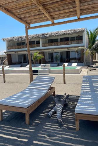 a dead animal laying on the beach with two lounge chairs at Boca de agua Villas in Nautla