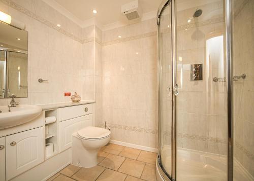 a bathroom with a shower and a toilet and a sink at Beachcombers in Newquay Bay Resort