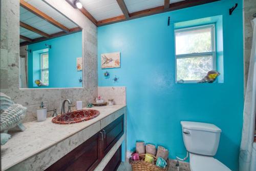 Baño azul con aseo y lavamanos en Lucky Duck Villa - Private Beach Escape, en Maya Beach
