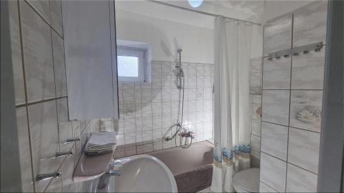 a bathroom with a shower and a sink and a toilet at Diekkieker - 26909 in Dahme
