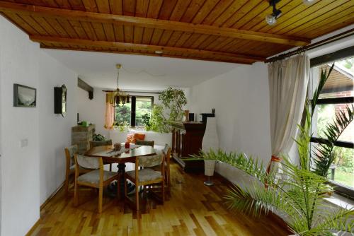 uma sala de jantar com mesa e cadeiras em Ferienwohnung Nessler em Radebeul