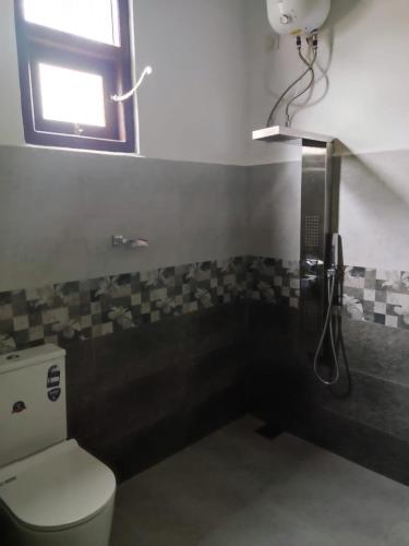 a bathroom with a toilet and a window and a shower at Palm Beach Cabana in Kosgoda