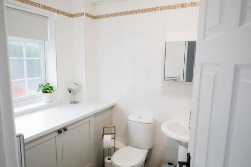 a white bathroom with a toilet and a sink at The Wine Loft in Quorndon