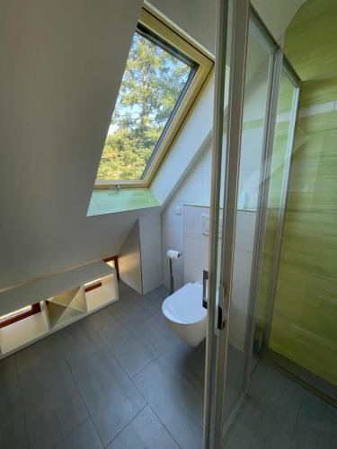 a bathroom with a toilet and a window at Apartment im Wald - mit Schwimmbad! 