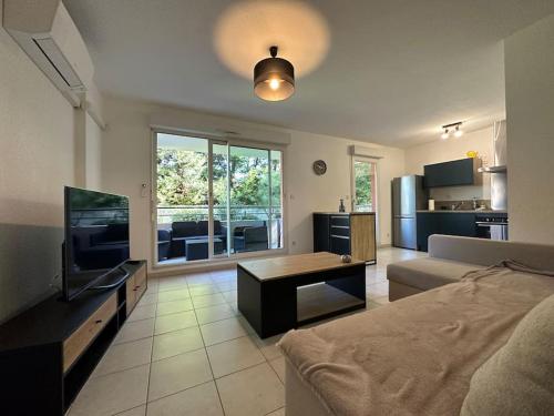uma sala de estar com um sofá e uma televisão em Charmant Appartement Terrasse, Calme et Confort em Avignon