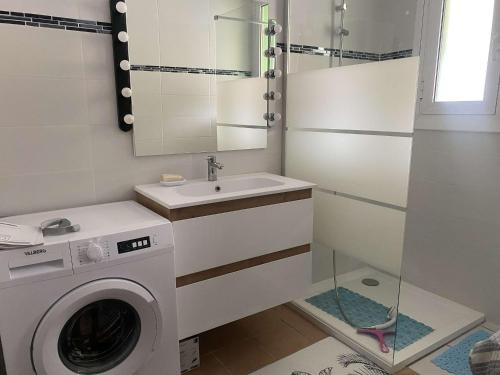 y baño con lavadora y lavamanos. en Appartement Prats-de-Mollo-la-Preste, 3 pièces, 6 personnes - FR-1-659-60 en Prats-de-Mollo-la-Preste