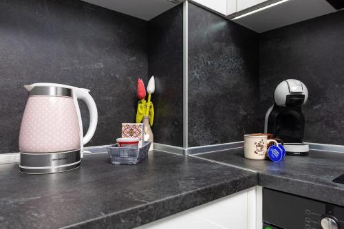 a kitchen with a counter top with a coffee maker at Comfy Apartment with Private Parking in Plovdiv